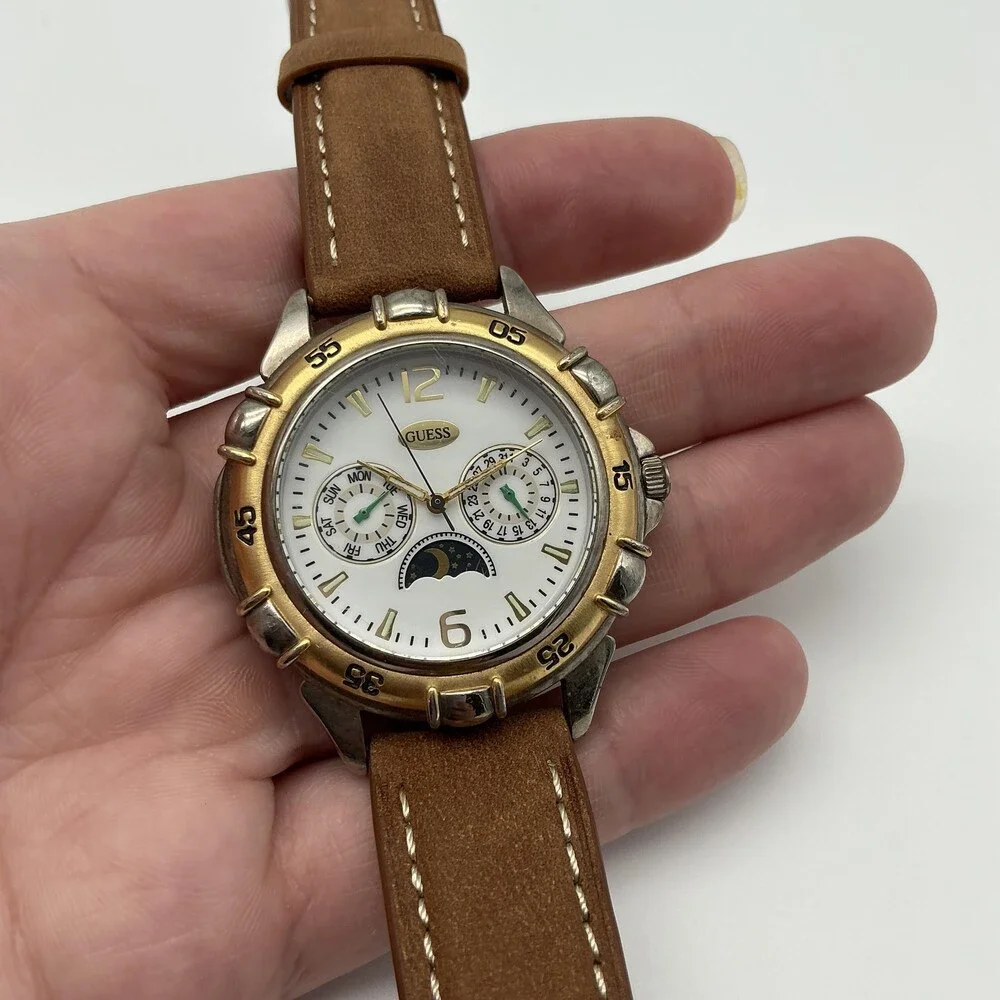 Vintage Guess Mens Watch 38mm White Dial Brown Leather Moonphase New Battery